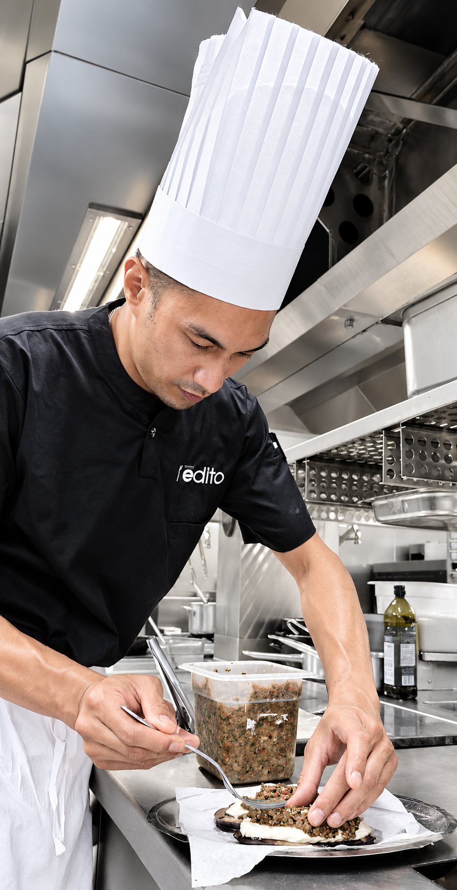 Un chef en tenue noire et grande toque blanche dresse délicatement une assiette dans une cuisine professionnelle, photo en noir et blanc.