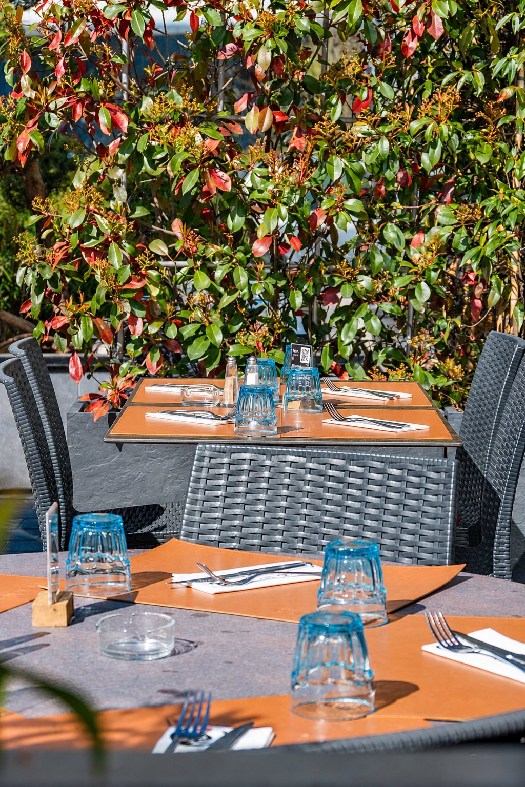 Terrasse de restaurant ensoleillée avec des tables dressées de sets orange, de verres bleus et de couverts, devant un arbuste aux feuilles rouges et vertes.